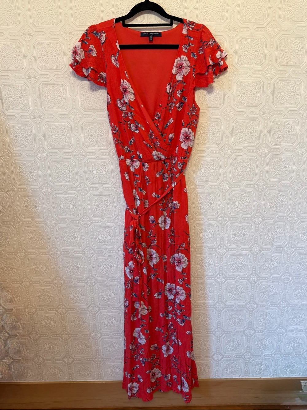 one clothing Pink Orange Floral Wrap Maxi Dress with Puff Sleeves Size M